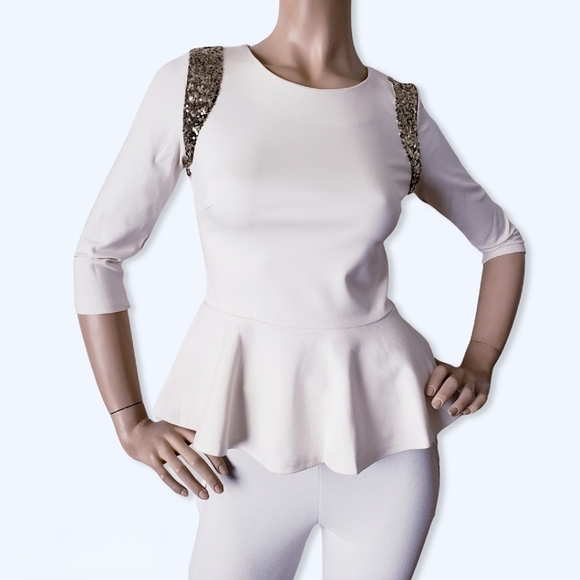 Forever 21 Ivory Peplum Knit Gold Sequin Top - Picture 2 of 8